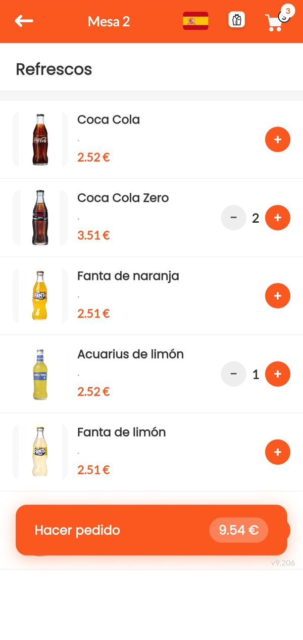 App móvil: refrescos con foto, precio y cantidades elegidas