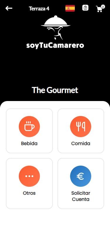 App móvil: carta del restaurante con Bebida, Comida, Otros y Solicitar cuenta