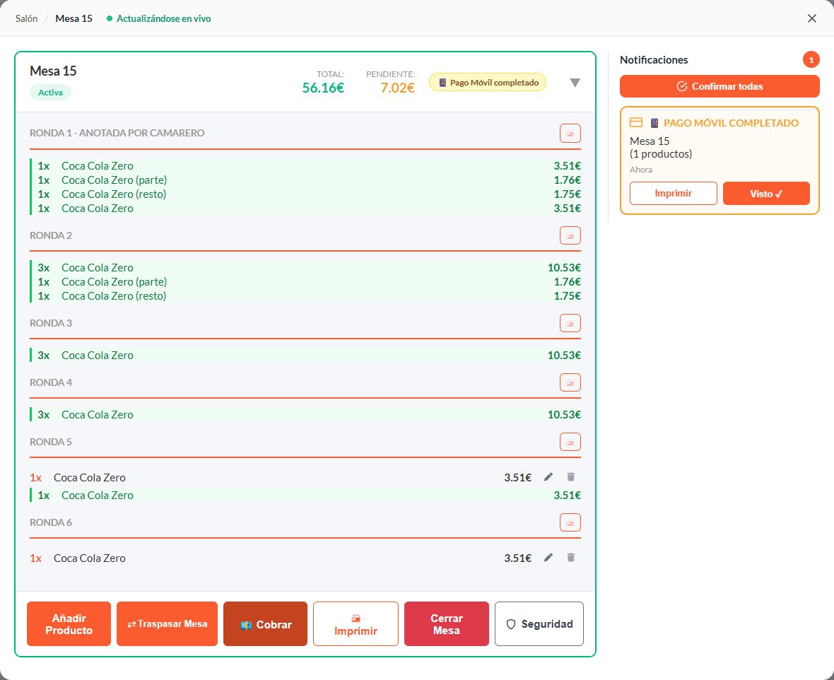 Intranet soyTuCamarero: detalle de una mesa con sus rondas, importes, pago móvil completado y el panel de avisos